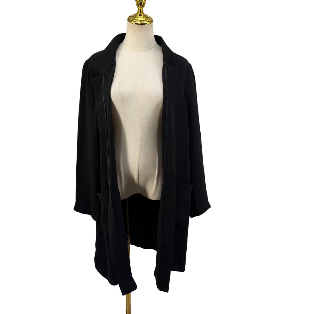 Eileen Fisher Cardigan Jacket Women L Black Rayon Silk Crinkle Open Front Pocket